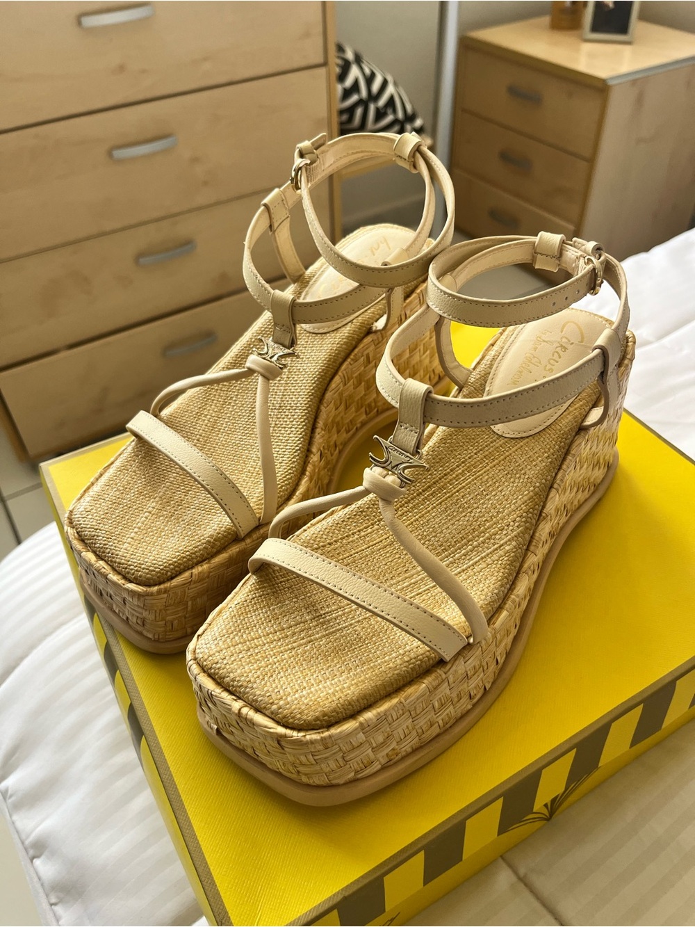 Sam Edelman Beige Wedge Sandals with Ankle Strap